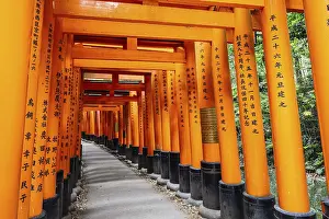 Kyoto, Japan - May 15 2019: Red Tori Gate at Fushimi Inari Shrine in Kyoto