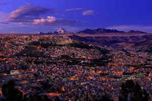 La Paz during the blue hour with the Andes Mountains