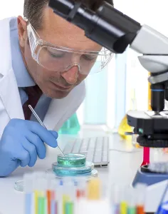 Laboratory scientist working at lab with test tubes and microscope