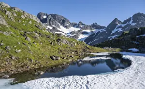Lake Isvatnet with ice, mountains and snow