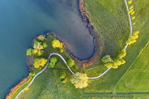 Lake Kochel, bay near Schlehdorf in the morning light from above