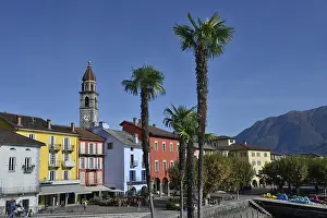 Lake promenade in Ascona with church Santi Pietro e Paolo