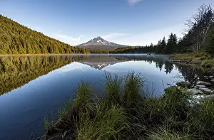 Lake shore, reflection of Mt. Hood volcano in Trillium Lake