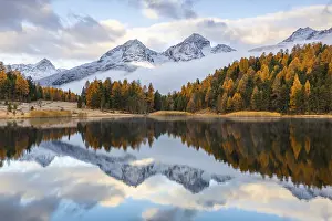 Framed Print : Lake Stazer in front of mountain peaks with snow Framed Print : Lake Stazer in front of mountain peaks with snow
