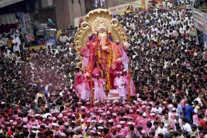Lalbaugcha Raja (elephant headed god) going for immersion in to the sea at Girgaum Chowpatty