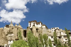 Lamayuru Buddhist Monastery rising above mass of eroded cliffs on Leh Kargil road