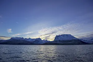Landscape, Atlantic Ocean with snowy mountains in Tromvik