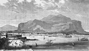 Landscape with city view of Palermo with the mountain Monte Pellegrino, capital of the Mediterranean island Sicily, Tyrrhenian Sea, promenade, steamboat, sailing ships, bay, geography, Italy, historical illustration 1888, Europe