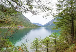 Landscape of a clear lake (Plansee) in autumn in Tirol