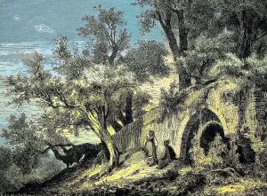Landscape with fountain under olive trees