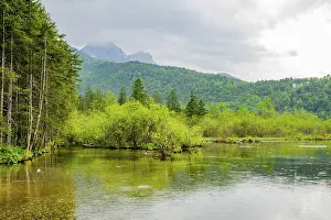 Landscape of Lake Almsee on a rainy day in spring