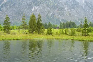 Landscape of Lake Almsee on a rainy day in spring