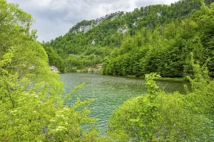 Landscape of Lake Elisabethsee on a rainy day in spring