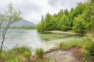 Landscape of Lake Offensee on a rainy day in spring