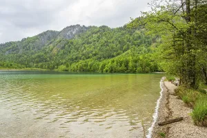 Landscape of Lake Offensee on a rainy day in spring
