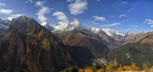 Landscape of mountains Caucasus region in Russia Mountain peaks in clouds