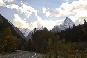 Landscape of mountains Caucasus region in Russia Mountain peaks in clouds