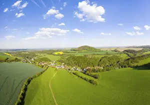 Category Mountain Landscapes Prints: Landscape in the Osterzgebirge with Niederfrauendorf and Luchberg from above