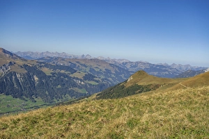 Landscape photograph of mountains and valleys in the Alps on a clear