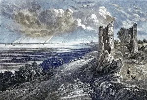 Landscape by the sea with a ruined castle c
