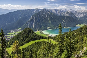 Landscape with town overview, Achensee and Karwendel Mountains