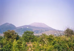 Landscape view of countryside and cone of Mount Vesuvius volcano, Naples, Campania, Italy, Europe 1967, Europe