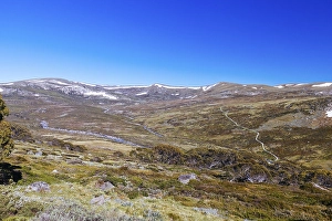 Category Mountain Landscapes Prints: Landscape views over the Snowy River towards Main Range Walk on a summer's day in Kosciuszko National Park in Snowy