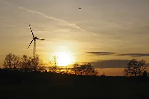 Landscape, wind generator, sunset
