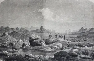 Laplanders from Greenland with reindeer at their summer pasture on the Arctic Ocean