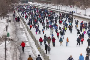 A large crowd ice-skating on a snowy day
