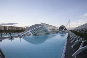 Large expanse of water surrounded by modern buildings in Valencia City of Arts and Sciences