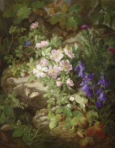 Large still life with alpine flowers and butterflies