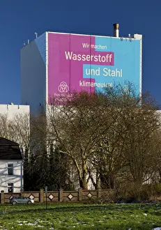 Large poster for climate steel at the ThyssenKrupp Steel Europe plant