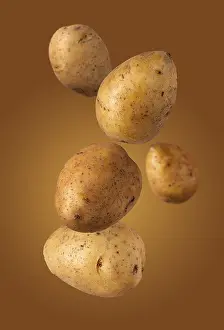 Large ripe potatoes flies on a beige background
