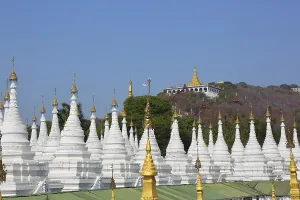 Large stupa forest of the Sandamuni Paya pagoda and Mandalay Hill