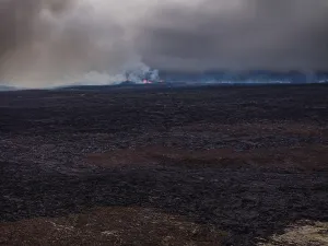 Lava, lava field, mountains, ash cloud