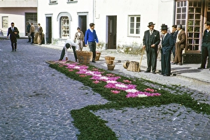 Laying out plants and flowers street religious procession, Procissao de Senhor de Infernos, Furnas, Sao Miguel Island, Azores, Portugal, April 1964, Europe