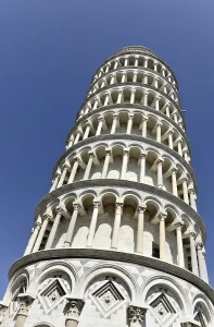 The Leaning Tower of Pisa photographed against a clear blue sky