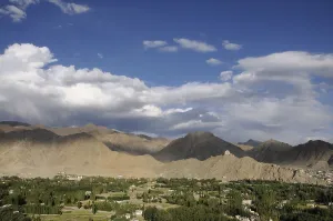 Leh oasis with Gonkhang monastery and castle ruins on the mountain