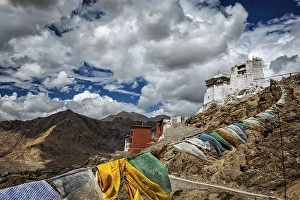 Category Buddhism Prints: Leh Tsemo fort and gompa and lungta (prayer flags) flying in the wind