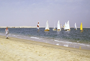 Leisure activities of foreign workers sailing on Wayfarer dinghies, Half Moon Bay, Saudi Arabia 1979