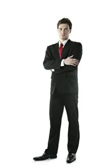 Full length suit tie businessman posing stand isolated on white
