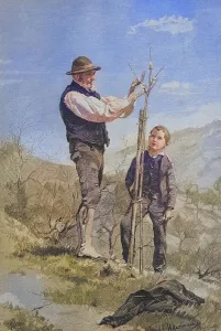 Lessons in tree grafting, farmer showing his boy how to cut the branches and vines