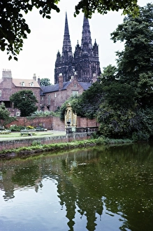 Lichfield Cathedral in Lichfield, Staffordshire, England, the only medieval English cathedral with three towers, 1965