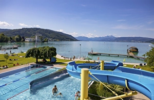 Category Mountain Landscapes Prints: Lido Seewalchen, with Schafberg