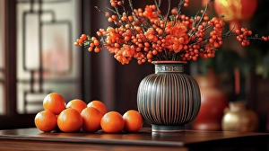 Still life with a decorative vase and tangerines arranged on a wooden table inside a warmly lit space, AI generated