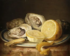 Still life with opened oysters and lemon slices on a plate with a knife