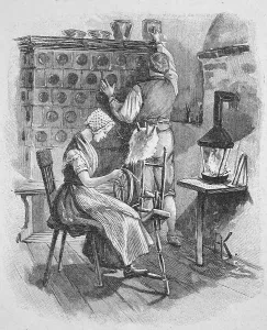 Light through a pinewood lamp in a farmhouse in the spinning room around 1800