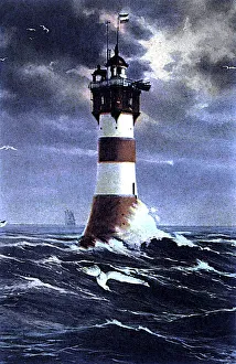 Lighthouse, Rotesandleuchtturm in front of the mouth of Weser River in a storm