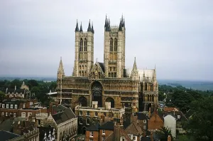 Lincoln Cathedral Church from the castle tower, Lincoln, Lincolnshire, England, United Kingdom, early 1960s, Europe